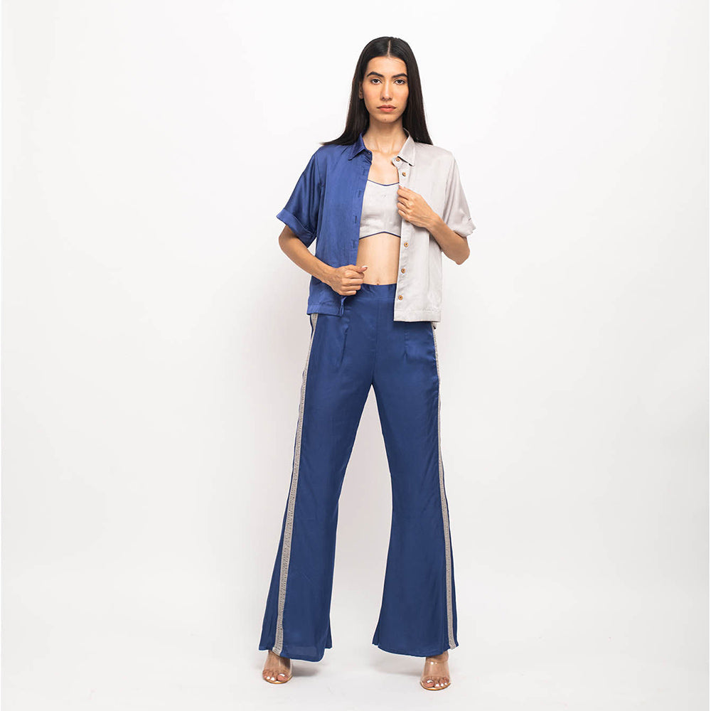 NEORA BY NEHAL CHOPRA Navy Blue & Grey Half & Half Rouching Co Ord (Set of 3)