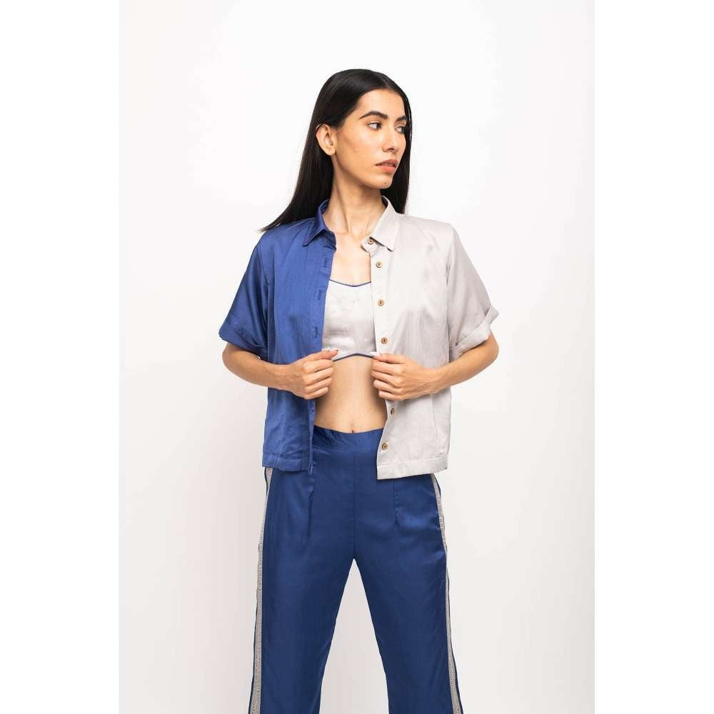 NEORA BY NEHAL CHOPRA Navy Blue & Grey Half & Half Rouching Co Ord (Set of 3)