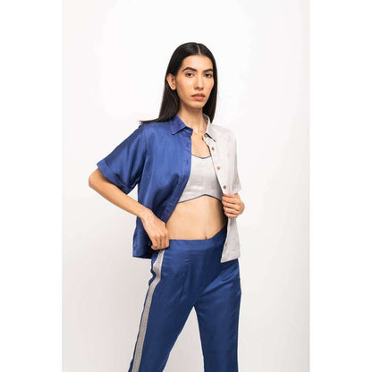 NEORA BY NEHAL CHOPRA Navy Blue & Grey Half & Half Rouching Co Ord (Set of 3)