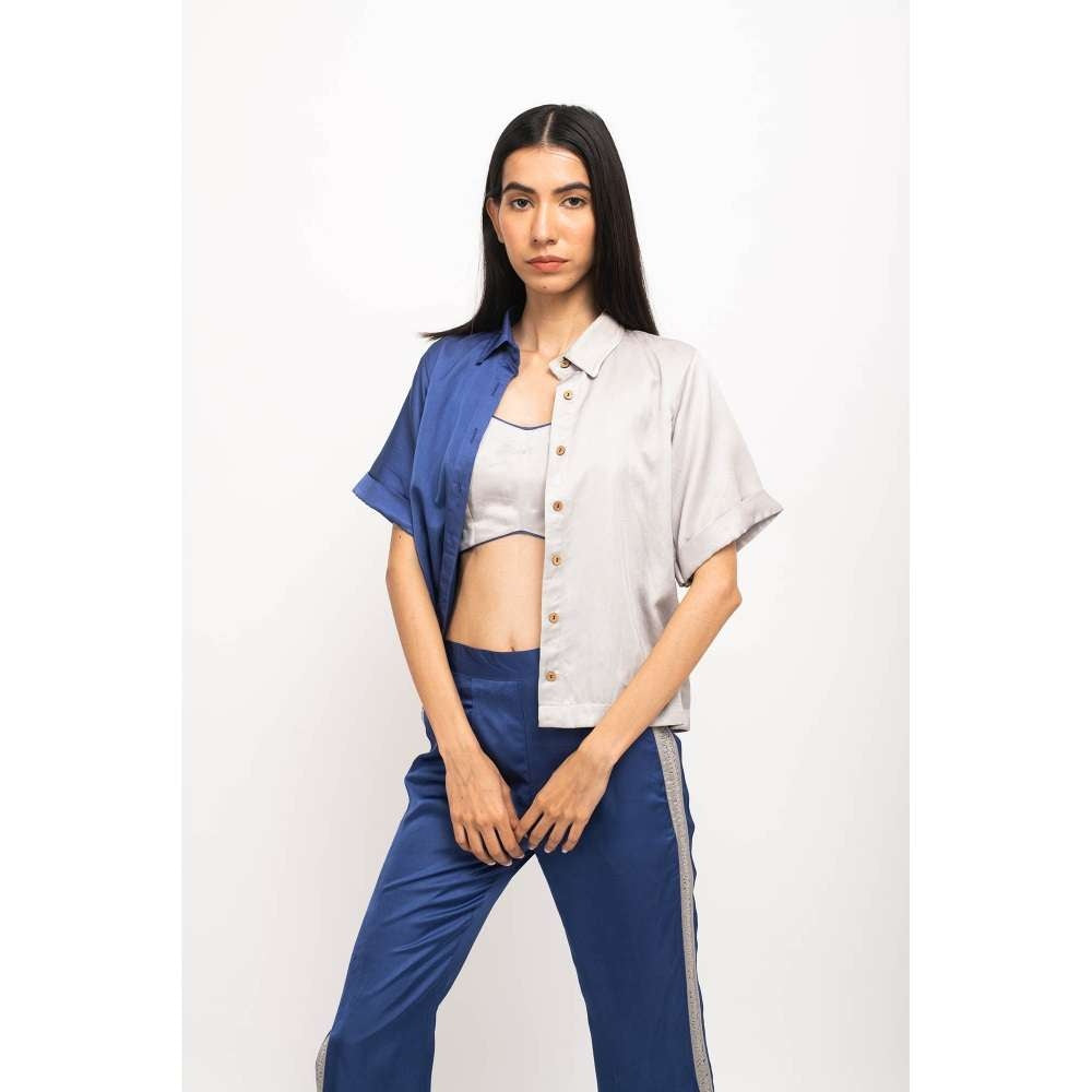 NEORA BY NEHAL CHOPRA Navy Blue & Grey Half & Half Rouching Co Ord (Set of 3)