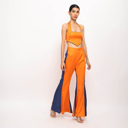 NEORA BY NEHAL CHOPRA Orange & Navy Blue Halter Neck Co Ord (Set of 2)