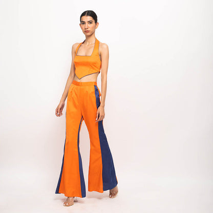 NEORA BY NEHAL CHOPRA Orange & Navy Blue Halter Neck Co Ord (Set of 2)