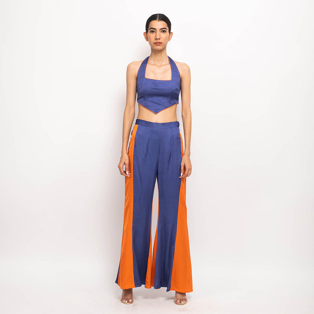 NEORA BY NEHAL CHOPRA Navy Blue & Orange Halter Neck Co Ord (Set of 2)