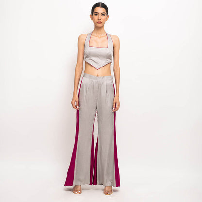 NEORA BY NEHAL CHOPRA Grey & Wine Halter Neck Co Ord (Set of 2)