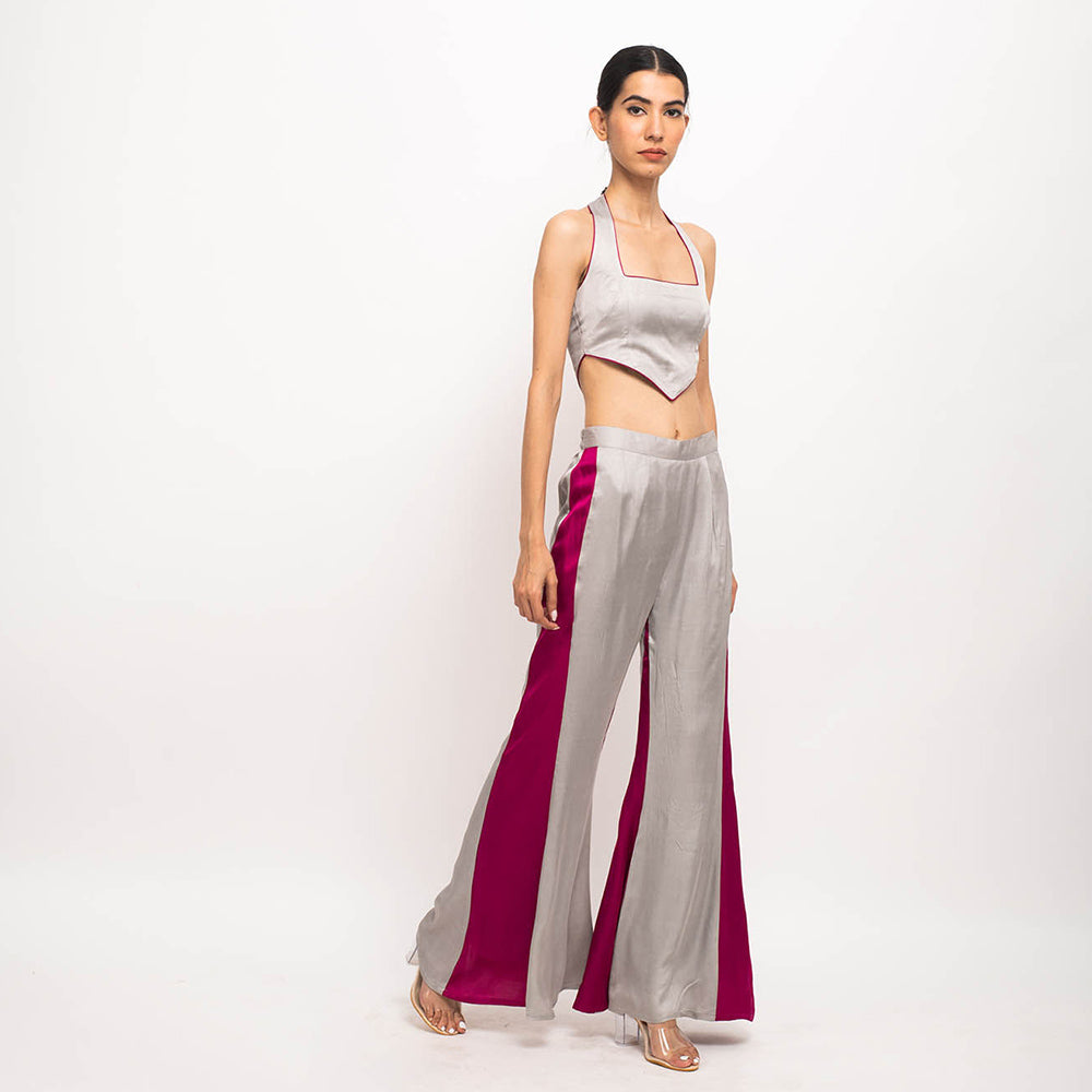 NEORA BY NEHAL CHOPRA Grey & Wine Halter Neck Co Ord (Set of 2)