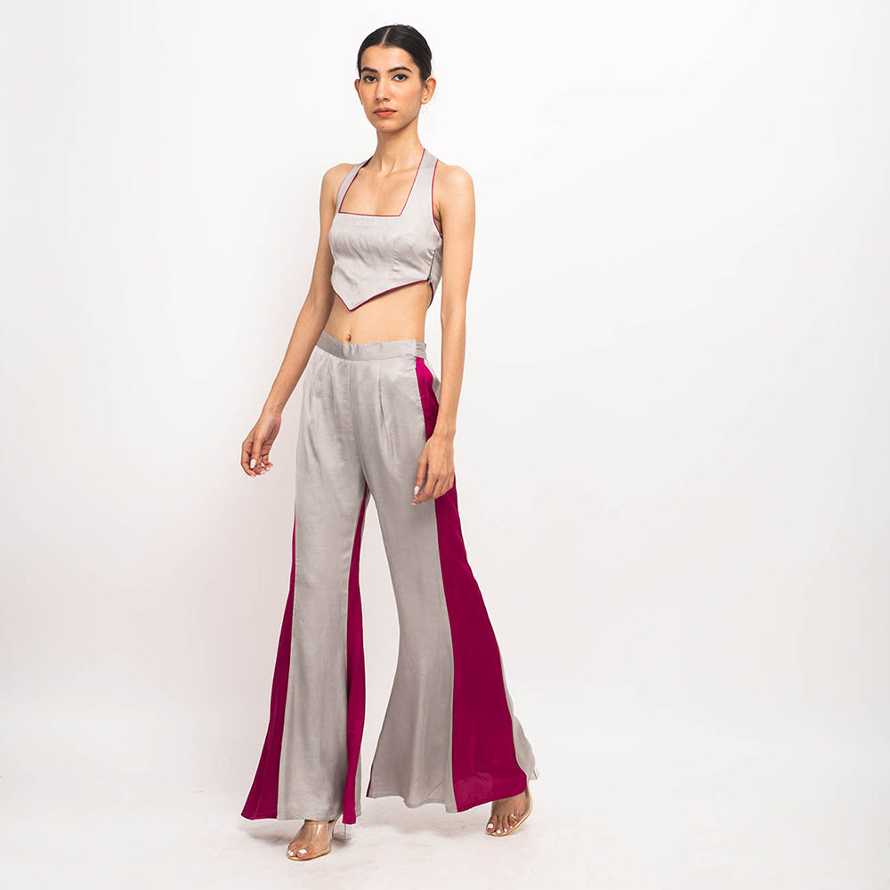 NEORA BY NEHAL CHOPRA Grey & Wine Halter Neck Co Ord (Set of 2)
