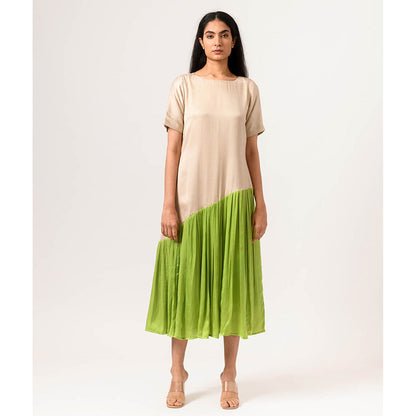NEORA BY NEHAL CHOPRA Ecru & Green Gather Midi Dress