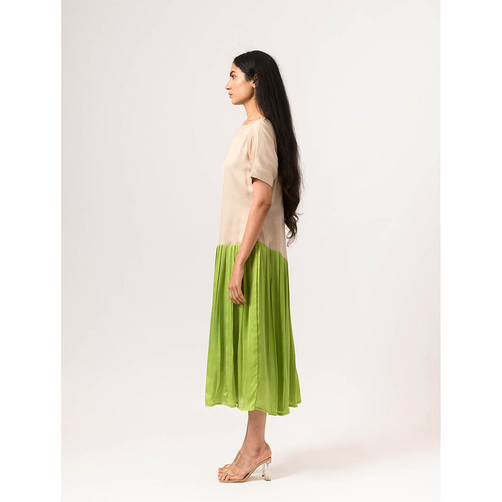 NEORA BY NEHAL CHOPRA Ecru & Green Gather Midi Dress