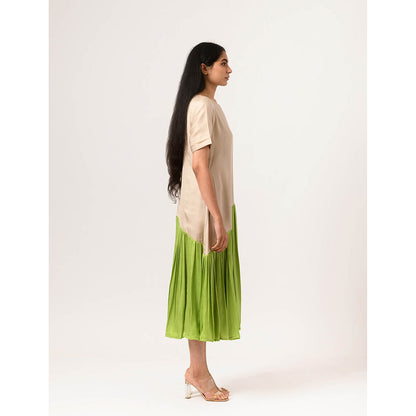 NEORA BY NEHAL CHOPRA Ecru & Green Gather Midi Dress