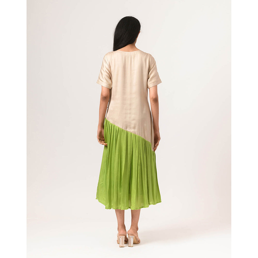 NEORA BY NEHAL CHOPRA Ecru & Green Gather Midi Dress