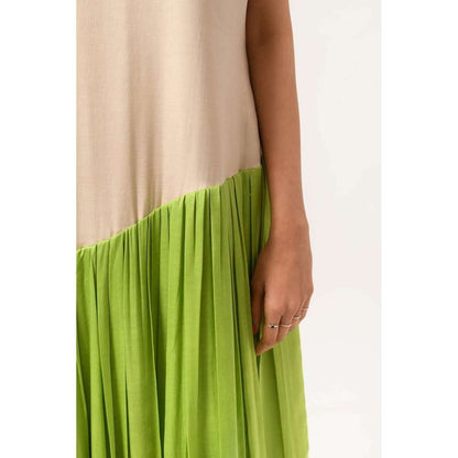 NEORA BY NEHAL CHOPRA Ecru & Green Gather Midi Dress