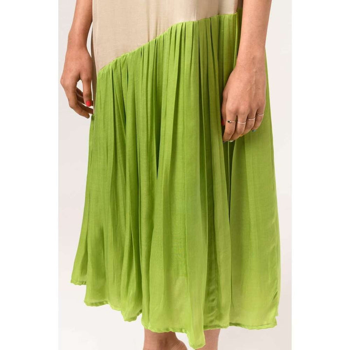 NEORA BY NEHAL CHOPRA Ecru & Green Gather Midi Dress