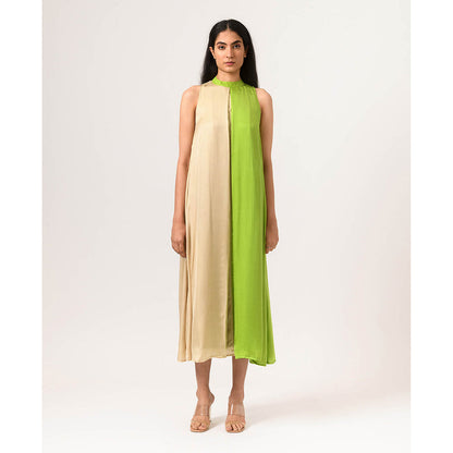 NEORA BY NEHAL CHOPRA Ecru & Green Halter Neck Midi Dress