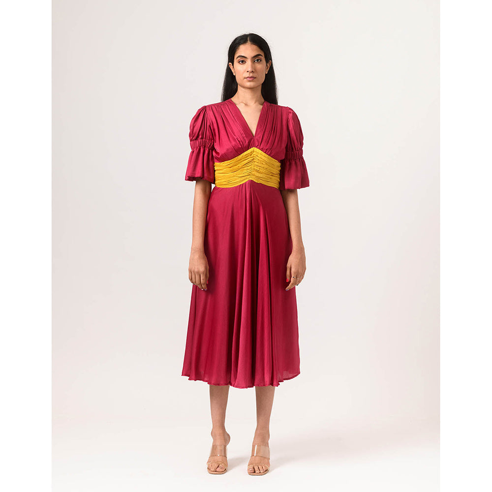 NEORA BY NEHAL CHOPRA Wine & Yellow Rouching Midi Dress