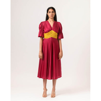 NEORA BY NEHAL CHOPRA Wine & Yellow Rouching Midi Dress