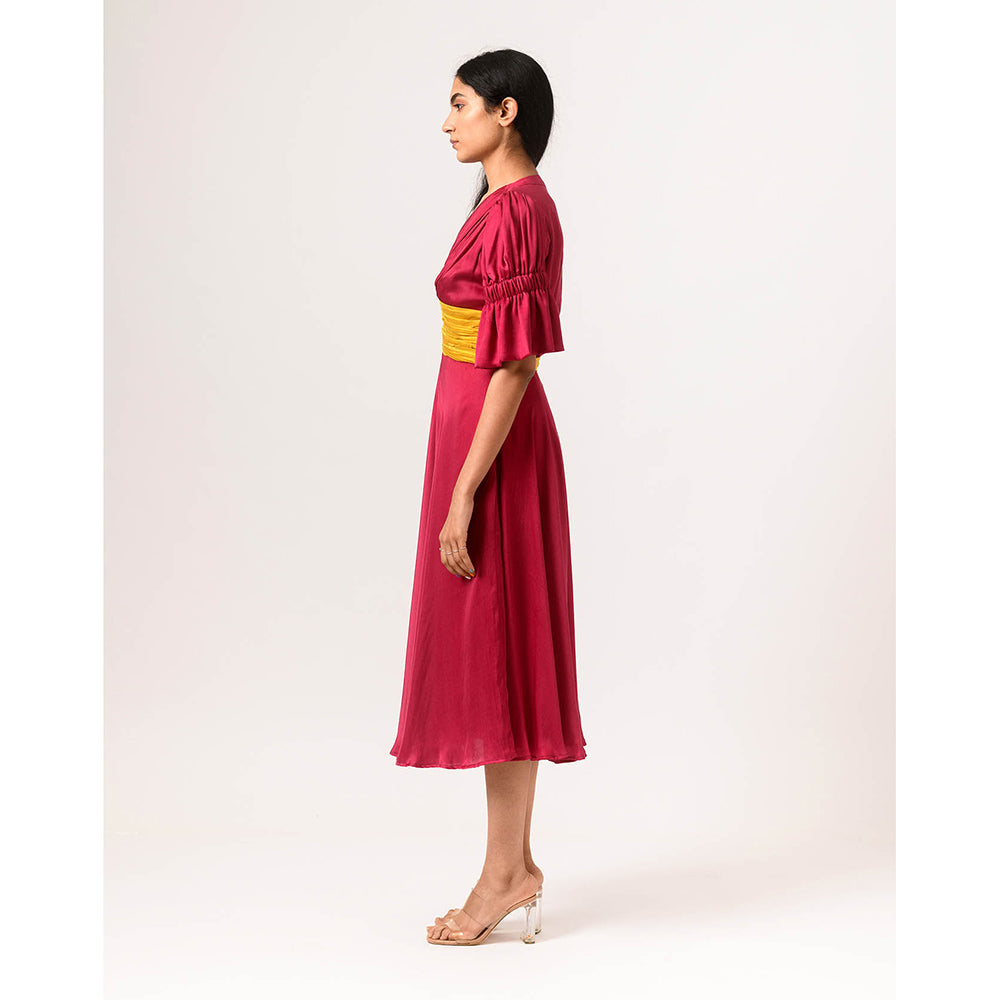 NEORA BY NEHAL CHOPRA Wine & Yellow Rouching Midi Dress