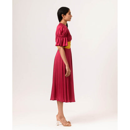 NEORA BY NEHAL CHOPRA Wine & Yellow Rouching Midi Dress
