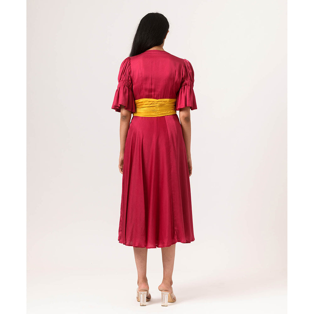 NEORA BY NEHAL CHOPRA Wine & Yellow Rouching Midi Dress