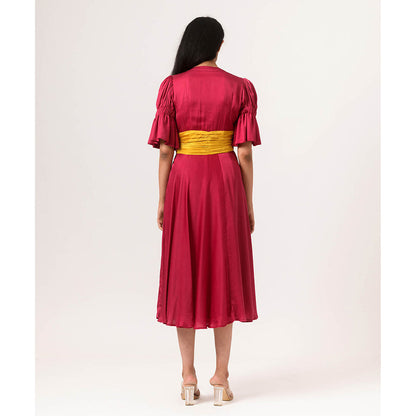 NEORA BY NEHAL CHOPRA Wine & Yellow Rouching Midi Dress