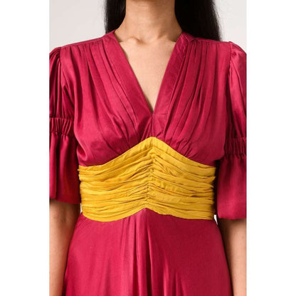 NEORA BY NEHAL CHOPRA Wine & Yellow Rouching Midi Dress