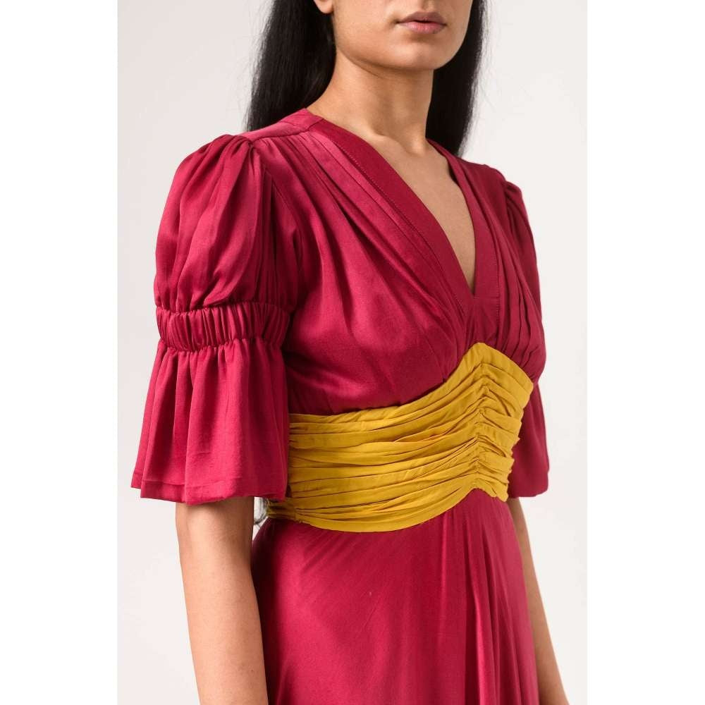 NEORA BY NEHAL CHOPRA Wine & Yellow Rouching Midi Dress