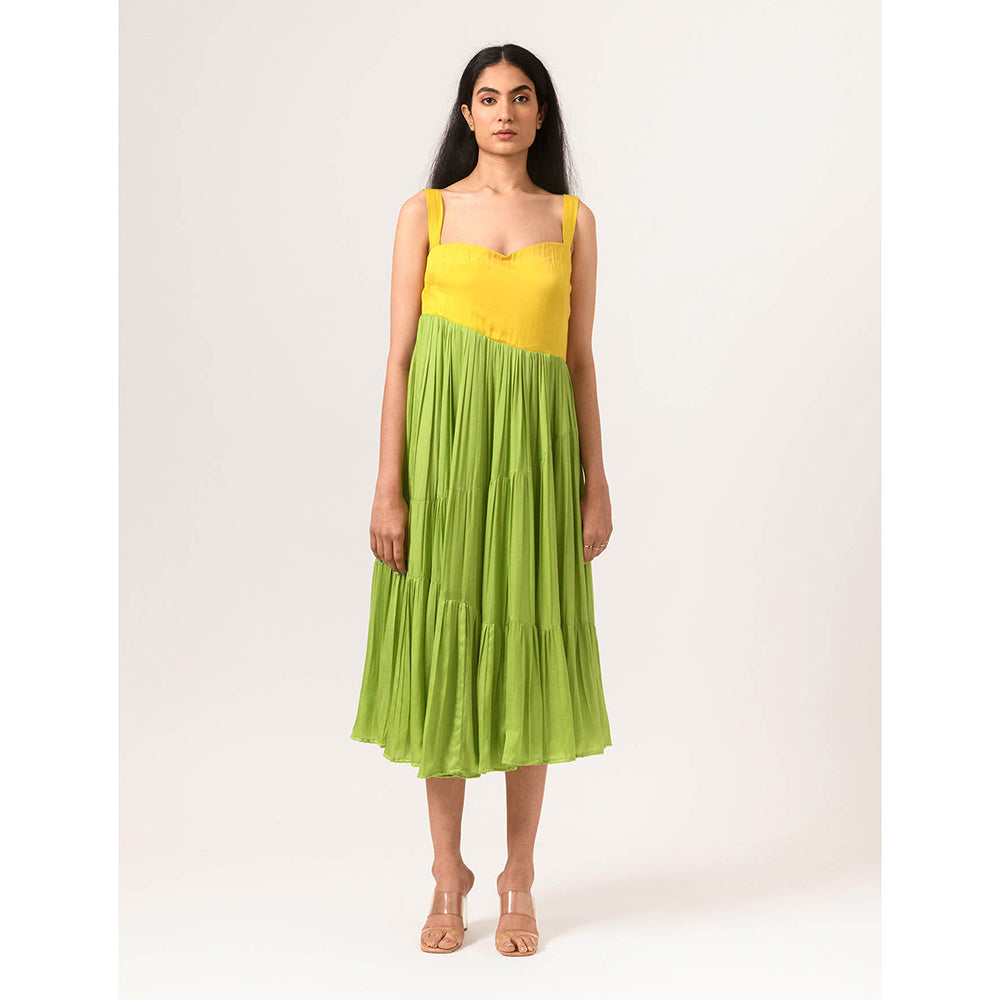 NEORA BY NEHAL CHOPRA Yellow & Green Asymmetrical Gather Midi Dress