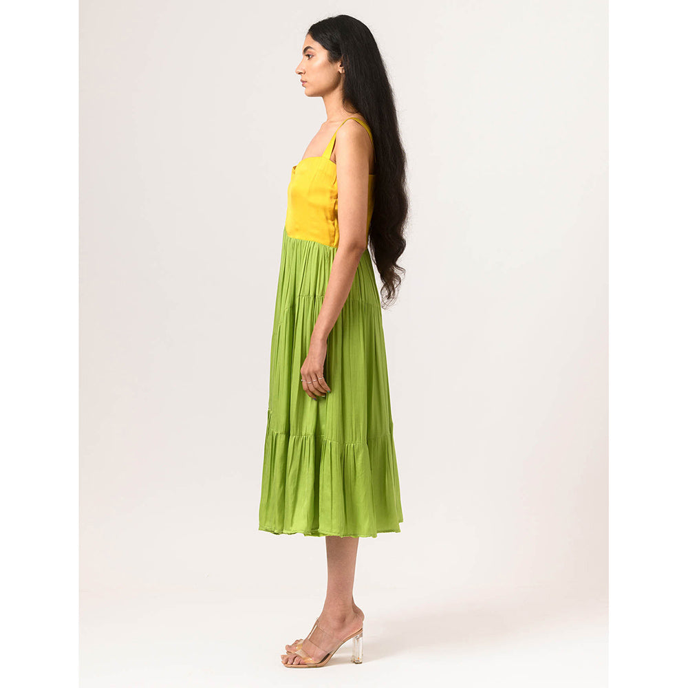 NEORA BY NEHAL CHOPRA Yellow & Green Asymmetrical Gather Midi Dress