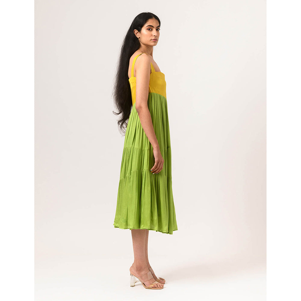 NEORA BY NEHAL CHOPRA Yellow & Green Asymmetrical Gather Midi Dress
