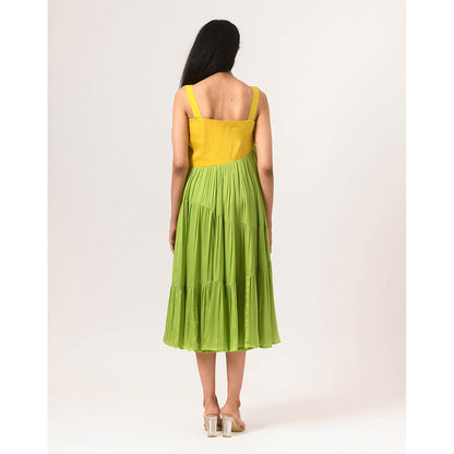 NEORA BY NEHAL CHOPRA Yellow & Green Asymmetrical Gather Midi Dress
