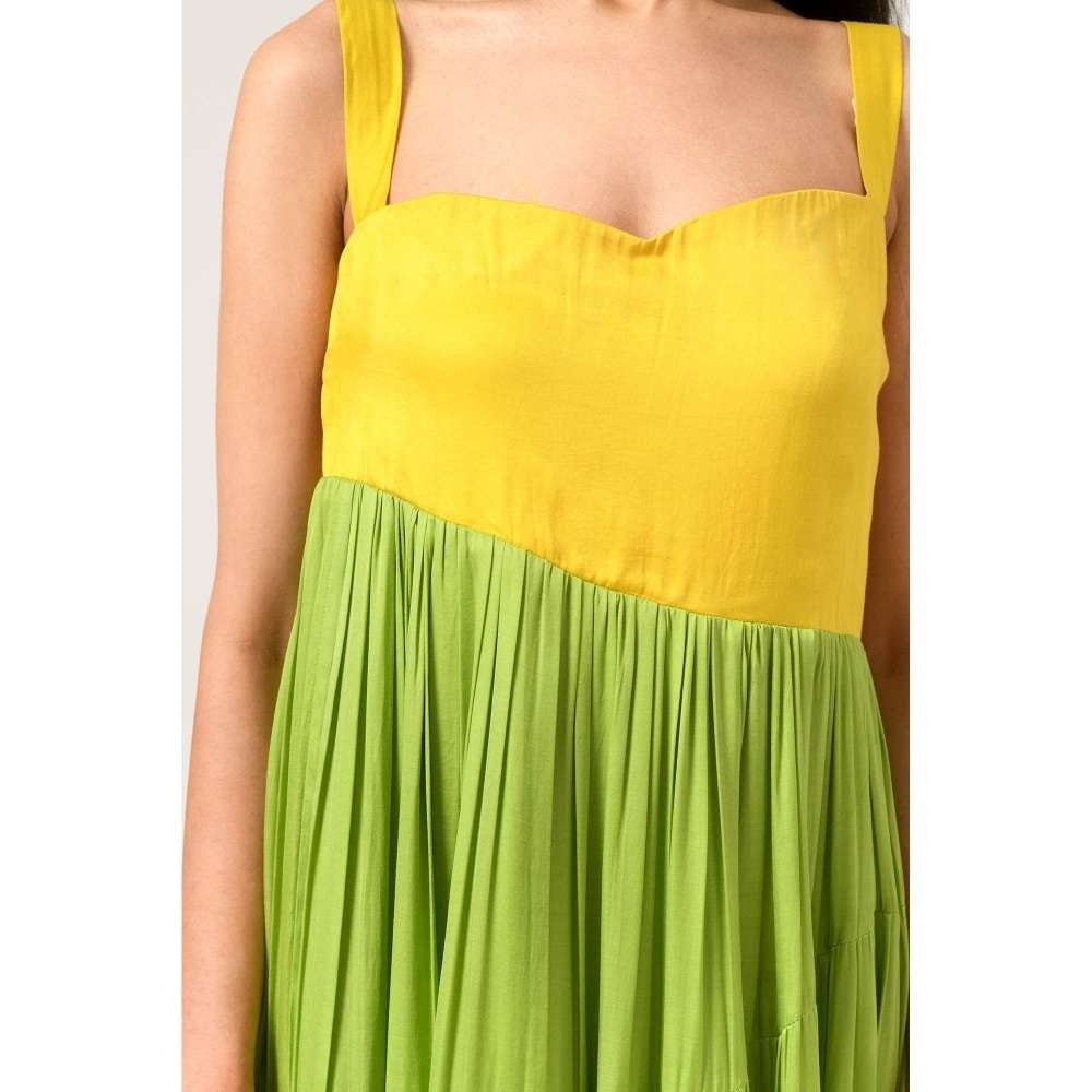 NEORA BY NEHAL CHOPRA Yellow & Green Asymmetrical Gather Midi Dress