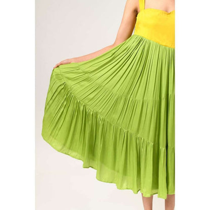 NEORA BY NEHAL CHOPRA Yellow & Green Asymmetrical Gather Midi Dress