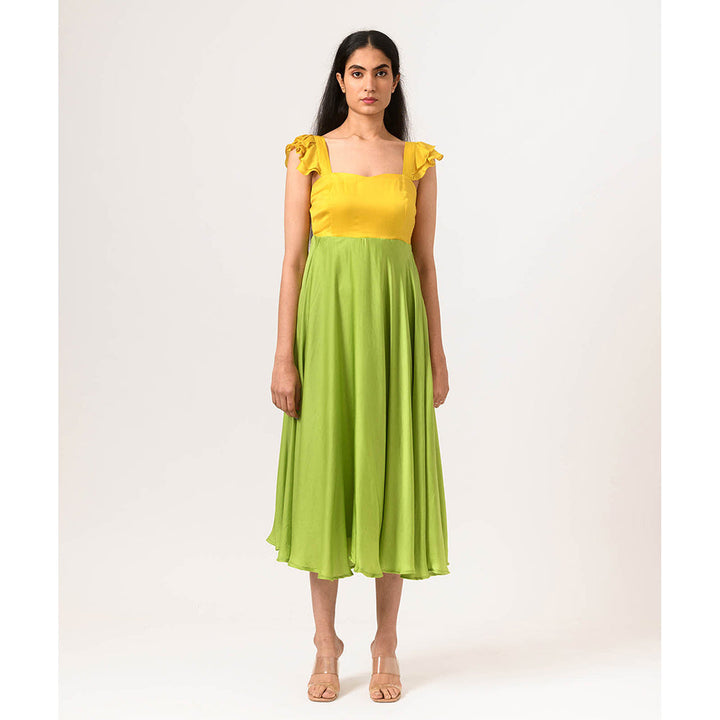 NEORA BY NEHAL CHOPRA Yellow & Green Umbrella Midi Dress