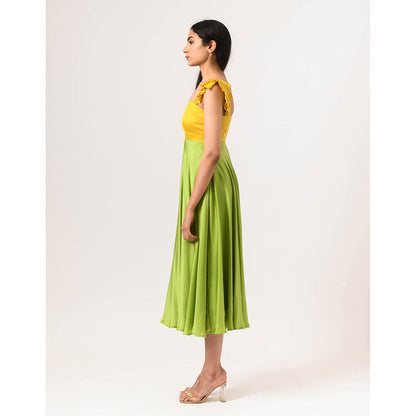 NEORA BY NEHAL CHOPRA Yellow & Green Umbrella Midi Dress