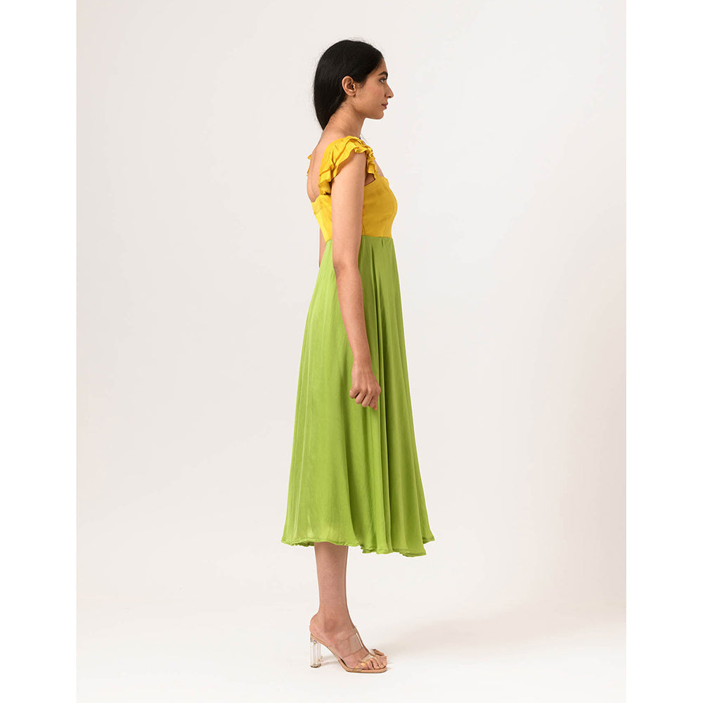 NEORA BY NEHAL CHOPRA Yellow & Green Umbrella Midi Dress