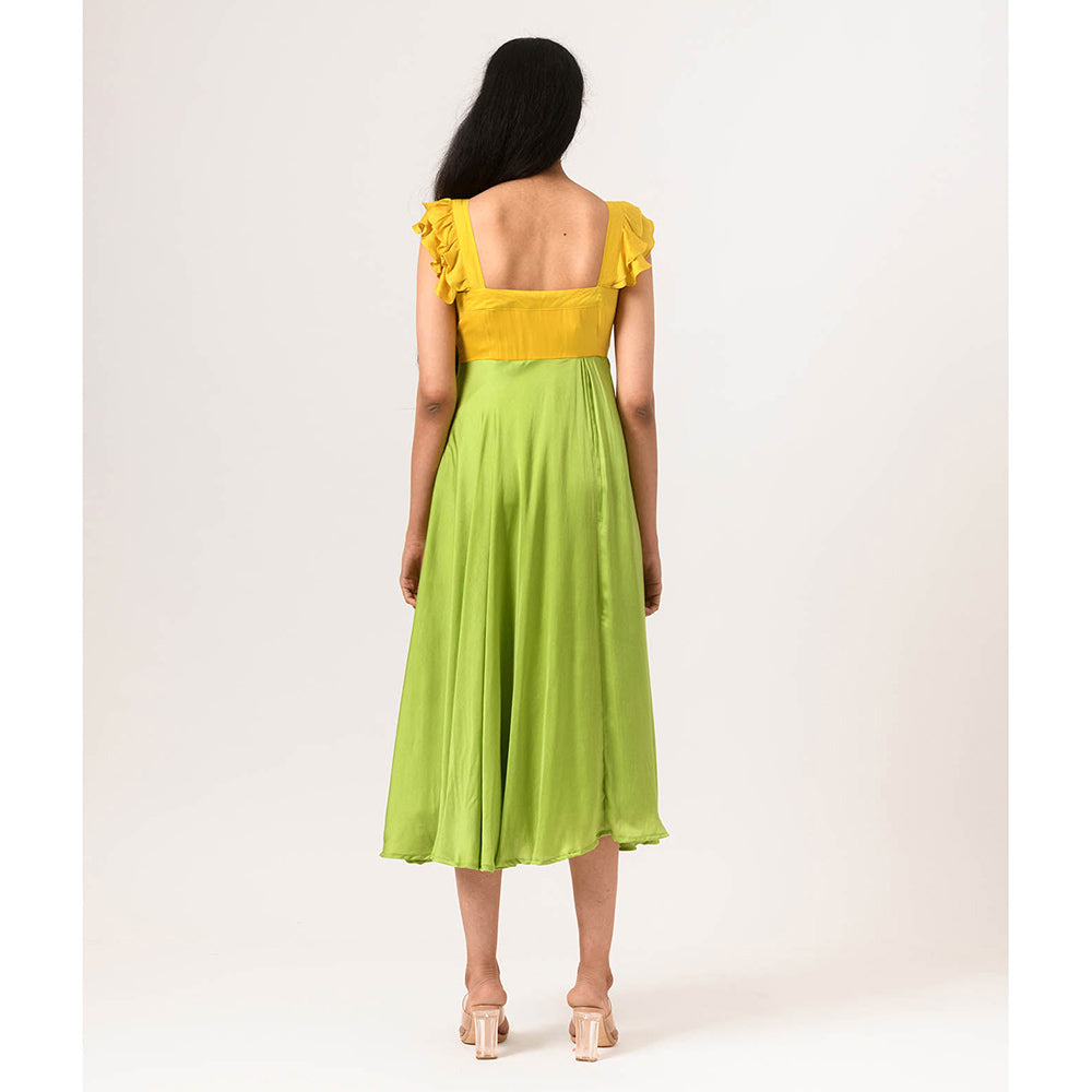 NEORA BY NEHAL CHOPRA Yellow & Green Umbrella Midi Dress