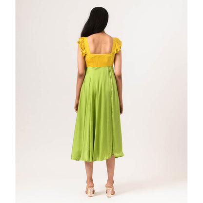 NEORA BY NEHAL CHOPRA Yellow & Green Umbrella Midi Dress