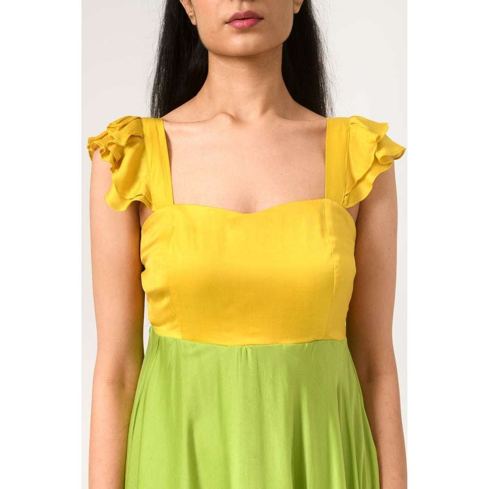 NEORA BY NEHAL CHOPRA Yellow & Green Umbrella Midi Dress