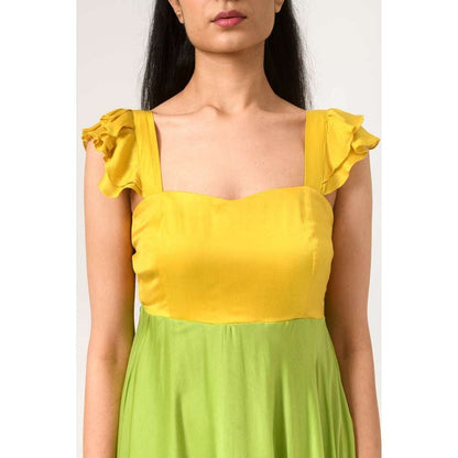 NEORA BY NEHAL CHOPRA Yellow & Green Umbrella Midi Dress
