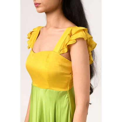 NEORA BY NEHAL CHOPRA Yellow & Green Umbrella Midi Dress