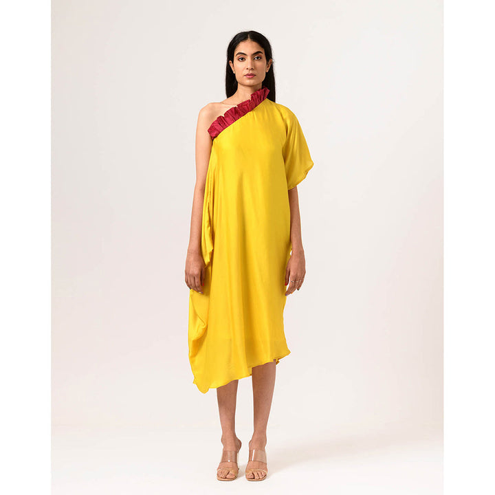 NEORA BY NEHAL CHOPRA Wine & Yellow One Shoulder Midi Dress