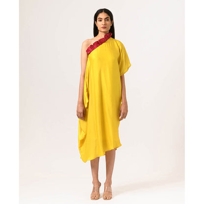 NEORA BY NEHAL CHOPRA Wine & Yellow One Shoulder Midi Dress