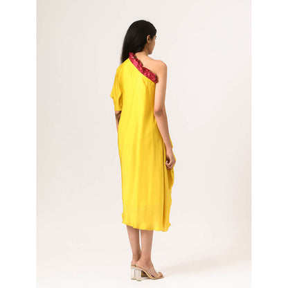 NEORA BY NEHAL CHOPRA Wine & Yellow One Shoulder Midi Dress