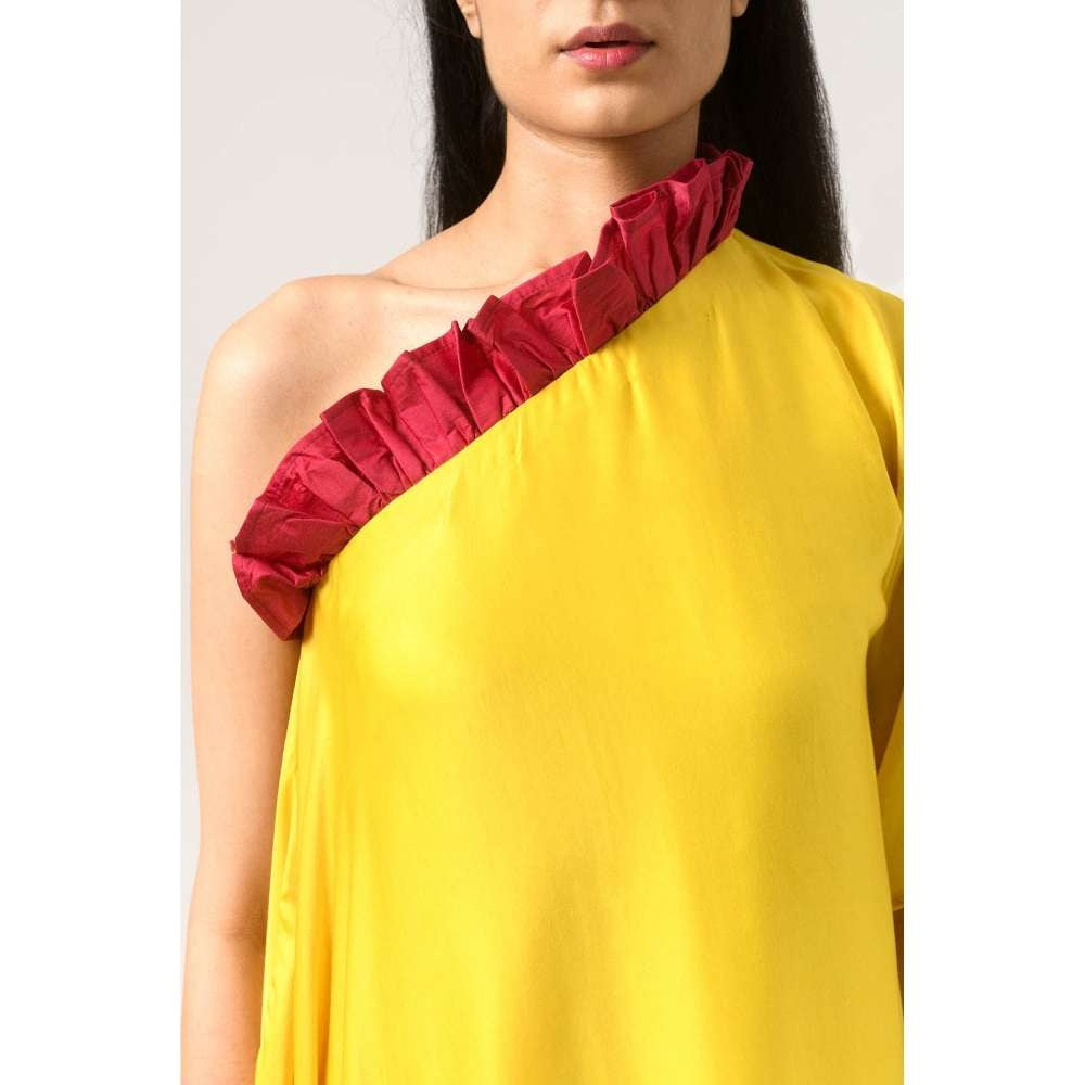 NEORA BY NEHAL CHOPRA Wine & Yellow One Shoulder Midi Dress