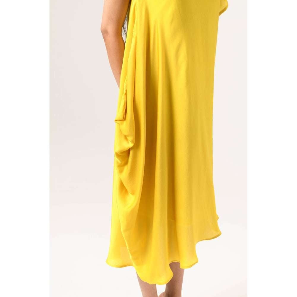 NEORA BY NEHAL CHOPRA Wine & Yellow One Shoulder Midi Dress