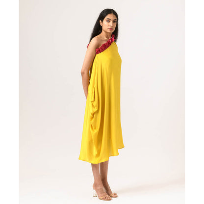 NEORA BY NEHAL CHOPRA Wine & Yellow One Shoulder Midi Dress
