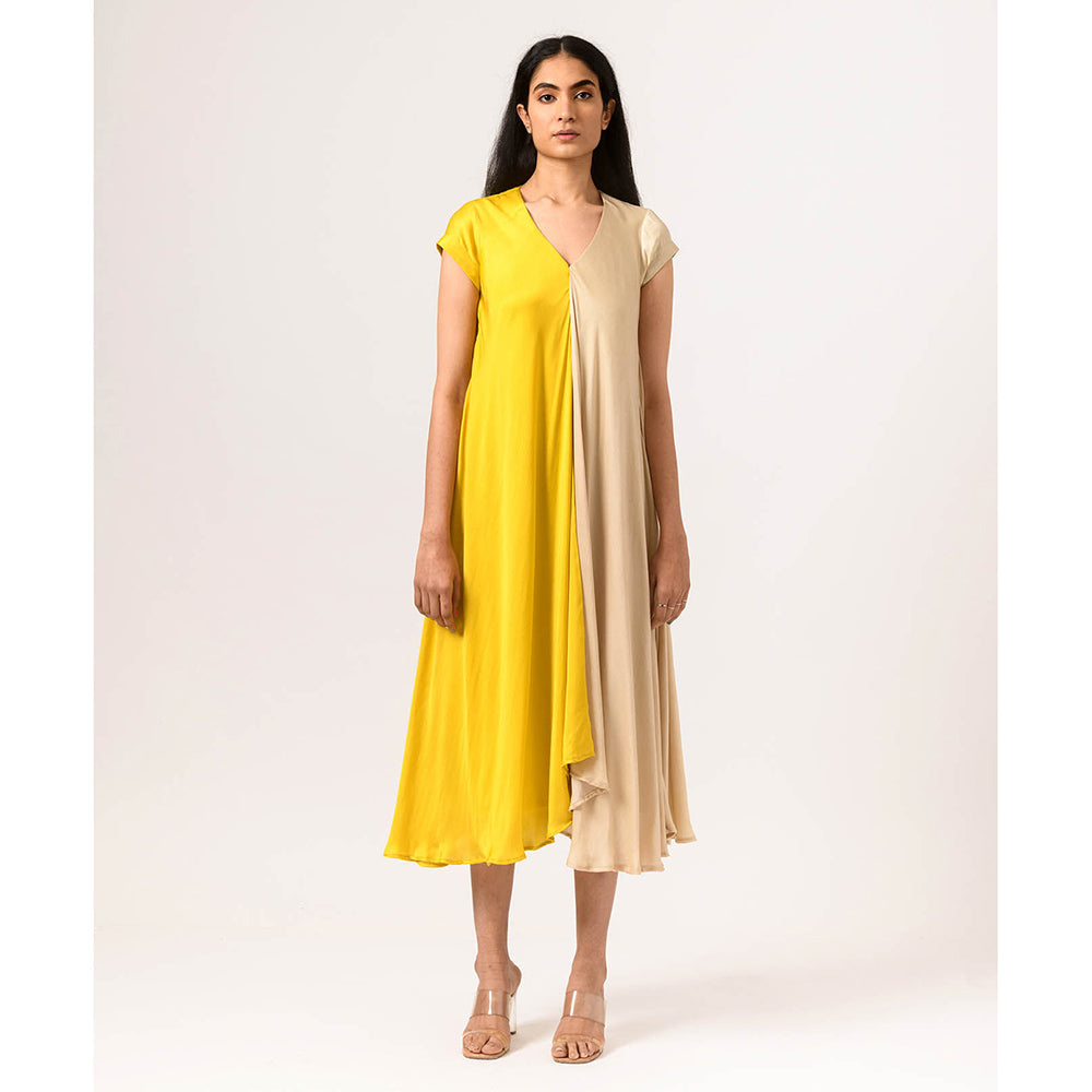 NEORA BY NEHAL CHOPRA Yellow Ecru Cap Midi Dress