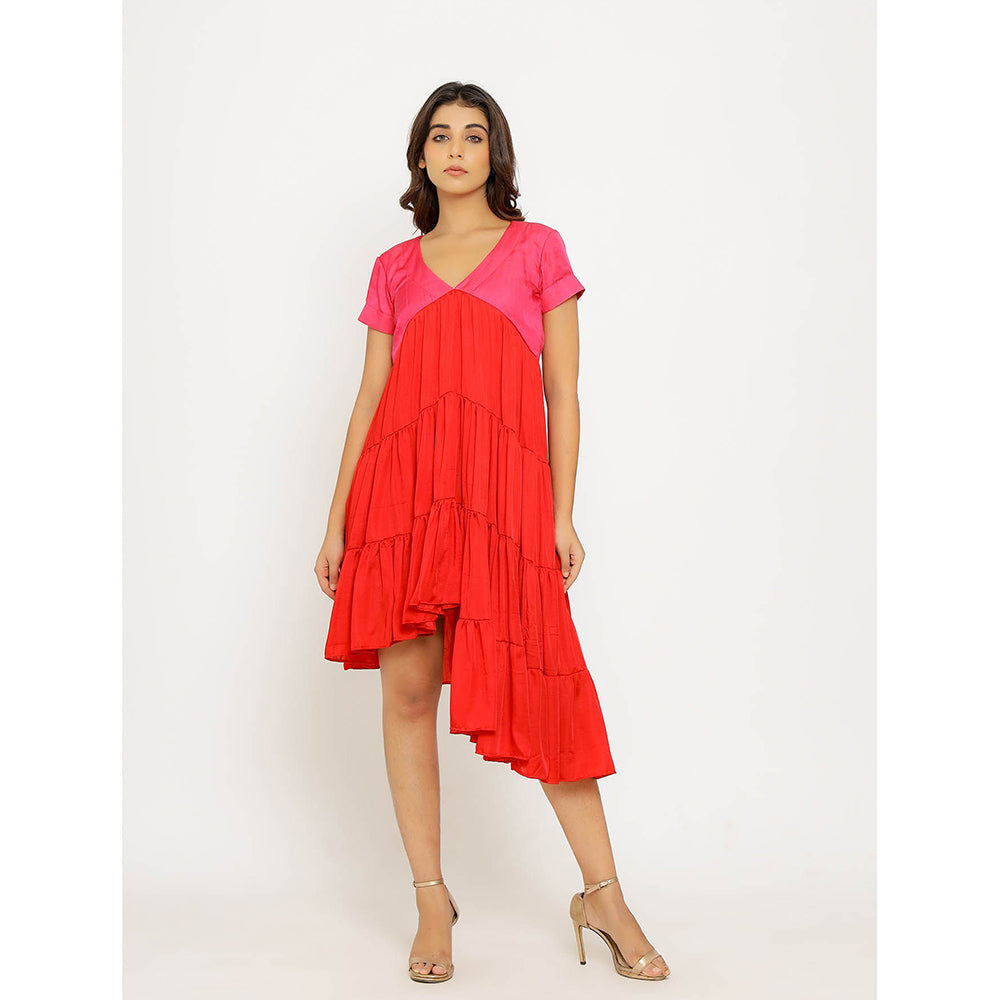 NEORA BY NEHAL CHOPRA Red & Pink Asymmetrical Midi Dress