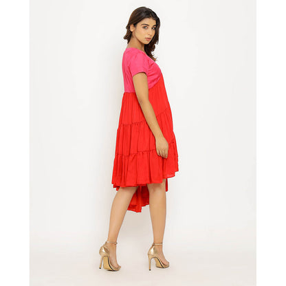 NEORA BY NEHAL CHOPRA Red & Pink Asymmetrical Midi Dress