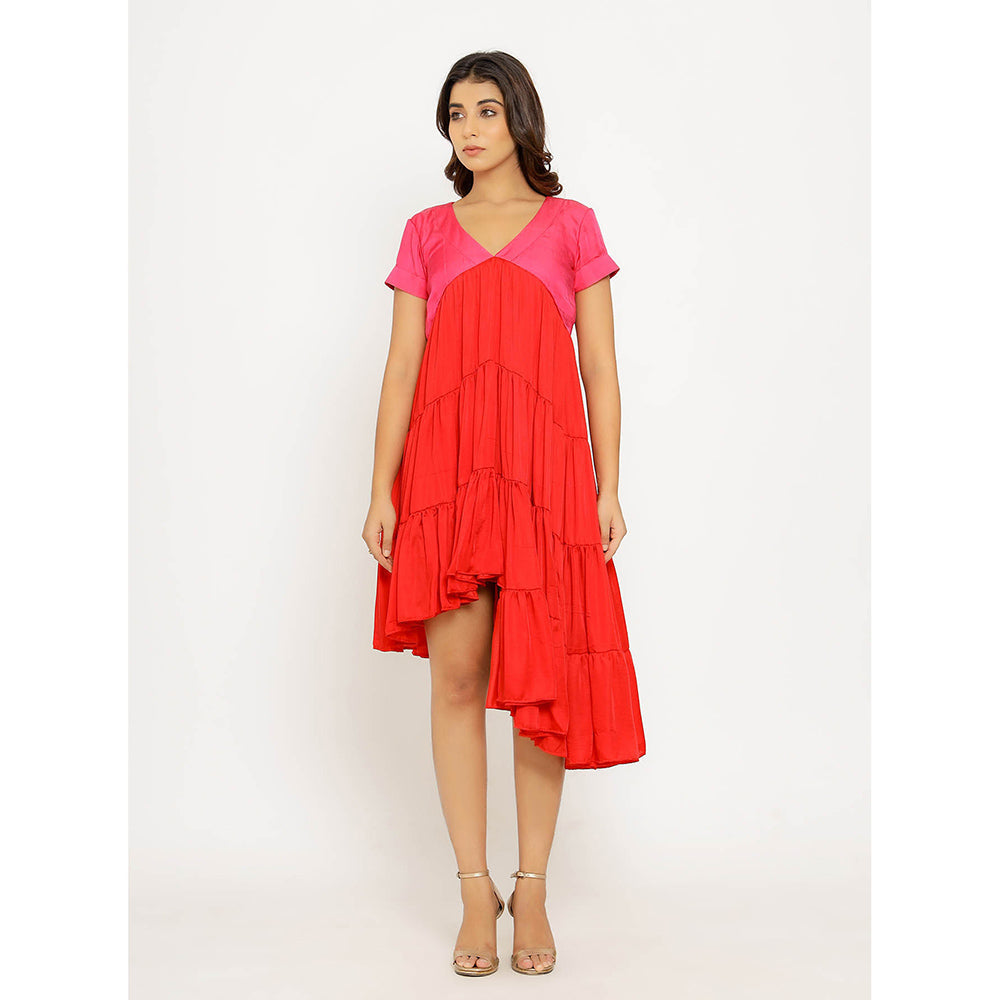 NEORA BY NEHAL CHOPRA Red & Pink Asymmetrical Midi Dress