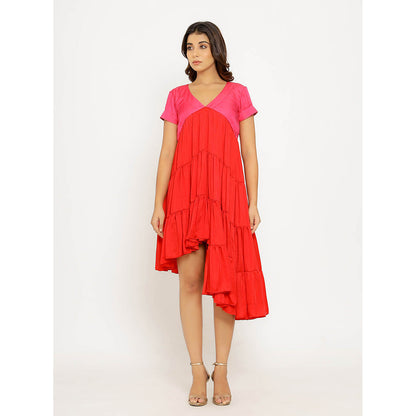 NEORA BY NEHAL CHOPRA Red & Pink Asymmetrical Midi Dress